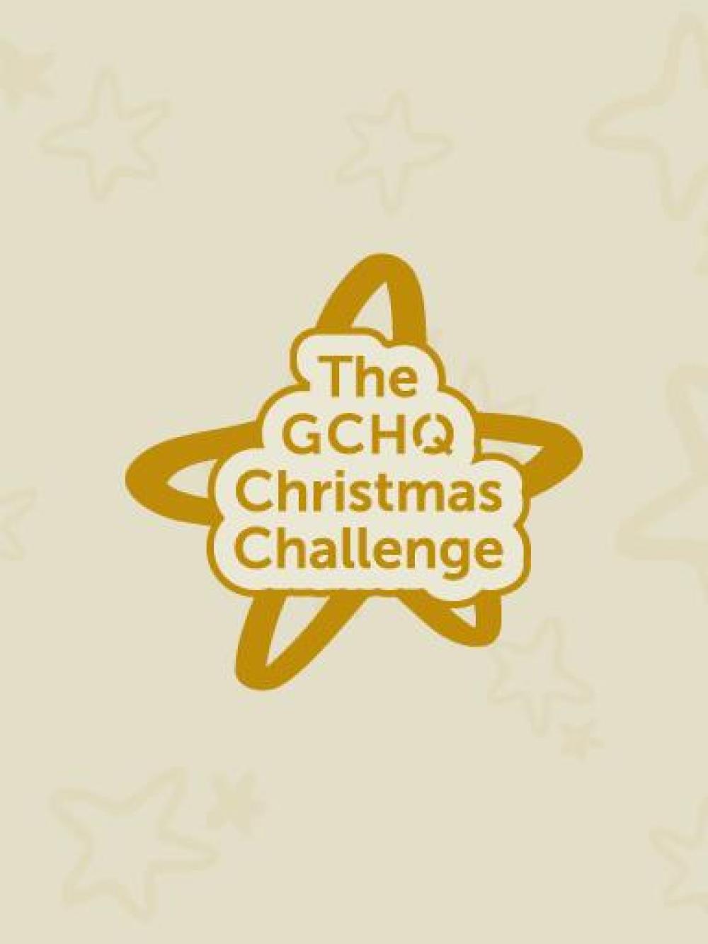 The GCHQ Christmas Challenge logo in gold text, on a light opaque background with hand-drawn stats